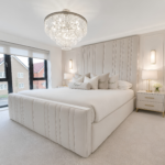 Bed with high headboard and storage